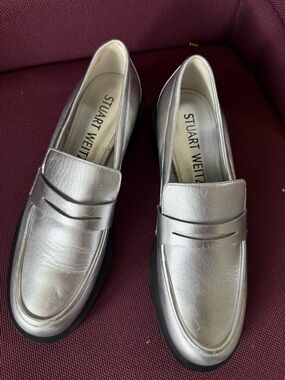Stuart Weitzman Metallic Silver Leather Penny Loafers